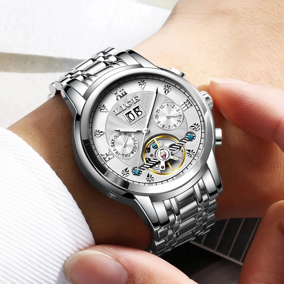 LIGE Brand Luxury Automatic Mechanical Watch Mens Watches Top Men Full Steel Business Waterproof Sport Watches Relogio Masculino