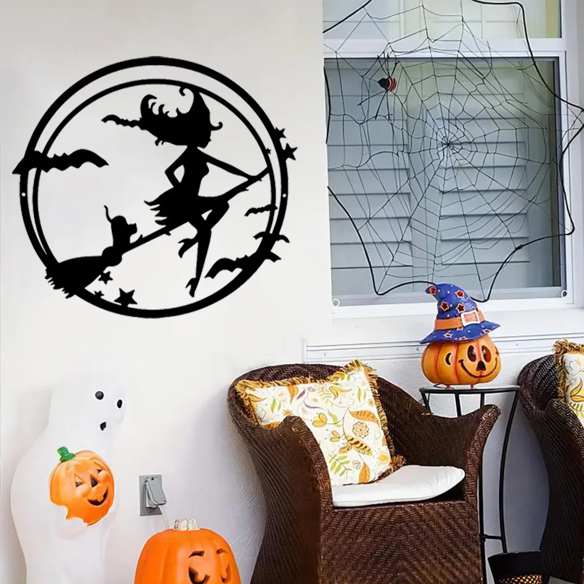 Metal Wall Decoration: Fascinating Halloween Witch, Cat, Bat, and Castle Pattern Frameless Pendant.  Iron Art Wall Adornment