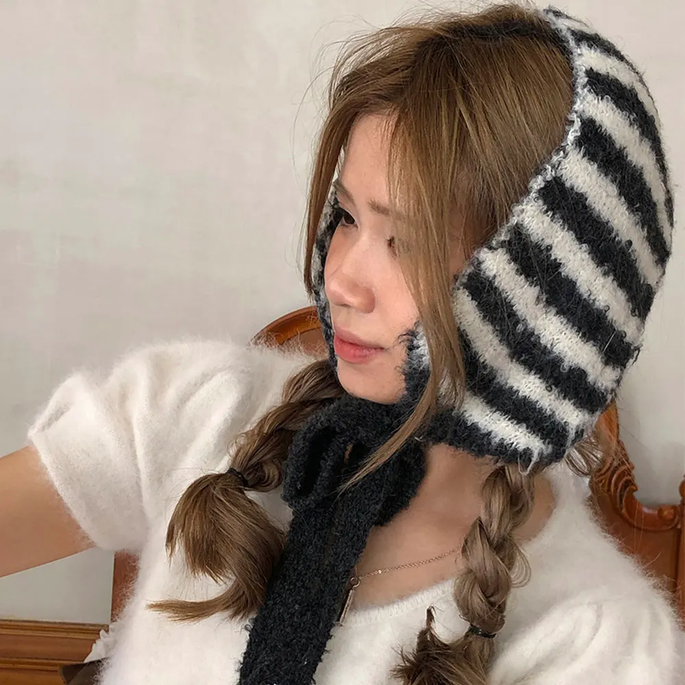 Retro Striped Scarf For Women Winter Warm Neckerchief  Neck Collar Scarfs Lady Earmuffs Girl Outdoor Coldproof Scarves Headbands