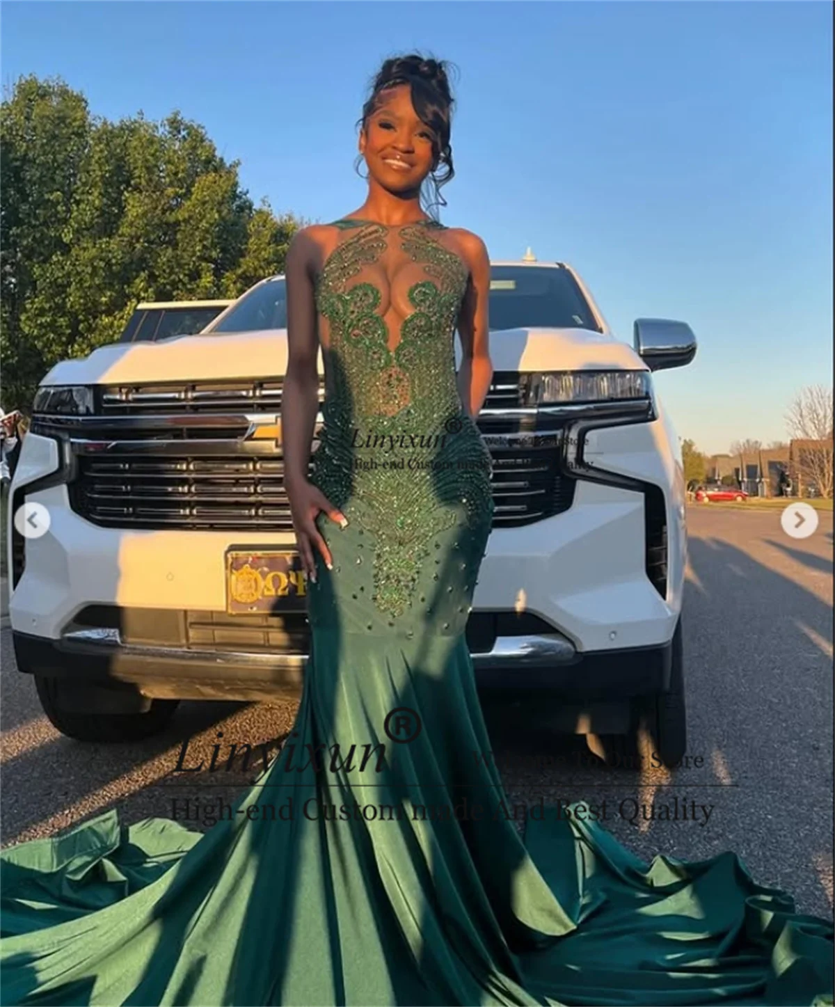 Green Formal Evening Dress Black Girls Luxury Crystals Beaded Mermaid Prom Gals Gown Customized Long Women robes de soirée