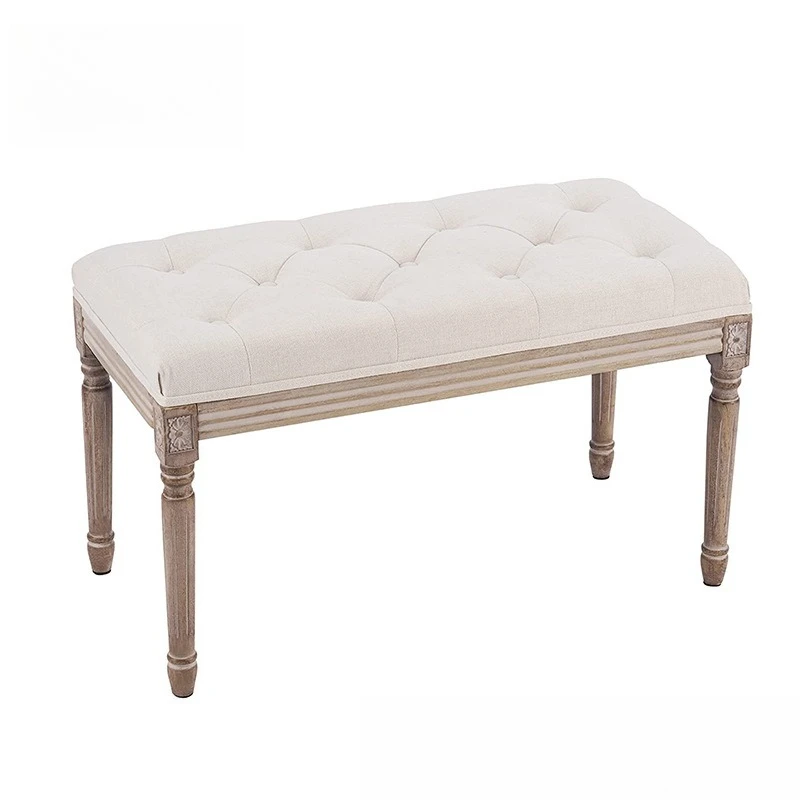 Vintage European Style Ottoman, Upholstered Stool, Carved Footrest, Wooden Bench for Piano, Dressing, Bed End, Shoe Changing