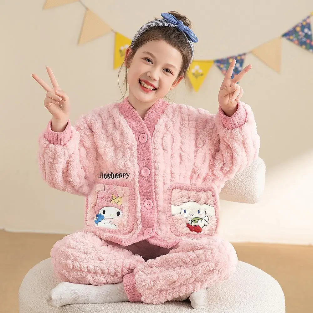 

Anime Kuromi Children Sleepwear In Winter Flannel Set Kawaii Sanrio Cinnamoroll Cartoon Comfort Keep Warm Student Home Clothing