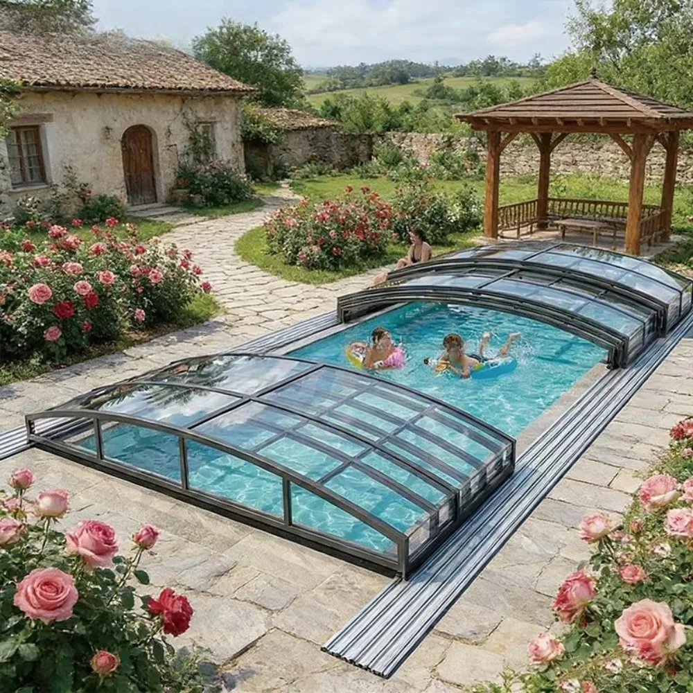 Retractable Aluminum Pool Cover Heavy Duty, Walkable Safety Slatted Swimming Pool Enclosure Waterproof Sun Shade for Villa