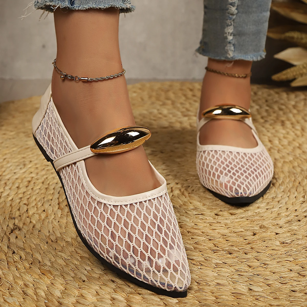 Mesh Black Ballet Shoes Female 2026 Summer New Flat Hollow Mesh Breathable Buckle Strap Single Shoes Fishnet Shoes Woman Sandals