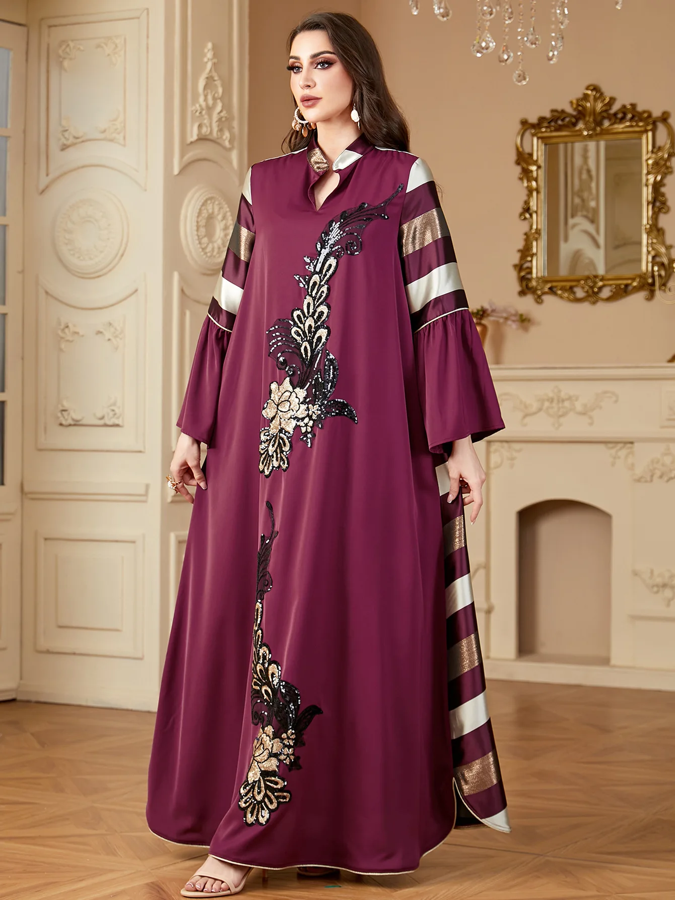 Eid Abayas Ramadan Sequin Stripes Embroidery Muslim Dress for Women Djellaba Turkey Kaftan Caftan Marocain Jalabiya Islam Robe