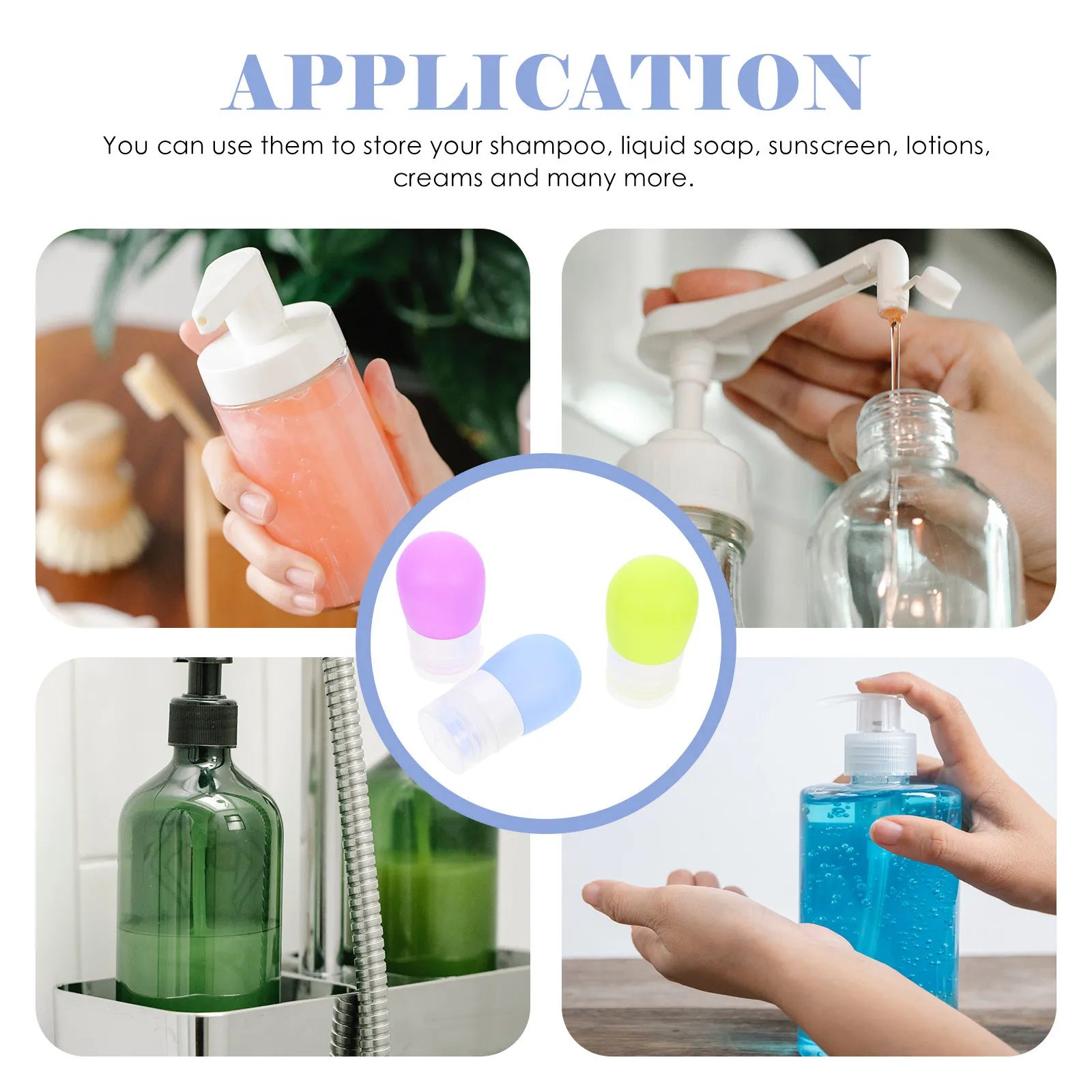 

Набор из 3 дорожных флаконов по 38 мл: Премиальные силиконовые герметичные многоразовые контейнеры для шампуня, геля для душа, средства для умывания, крема для рук