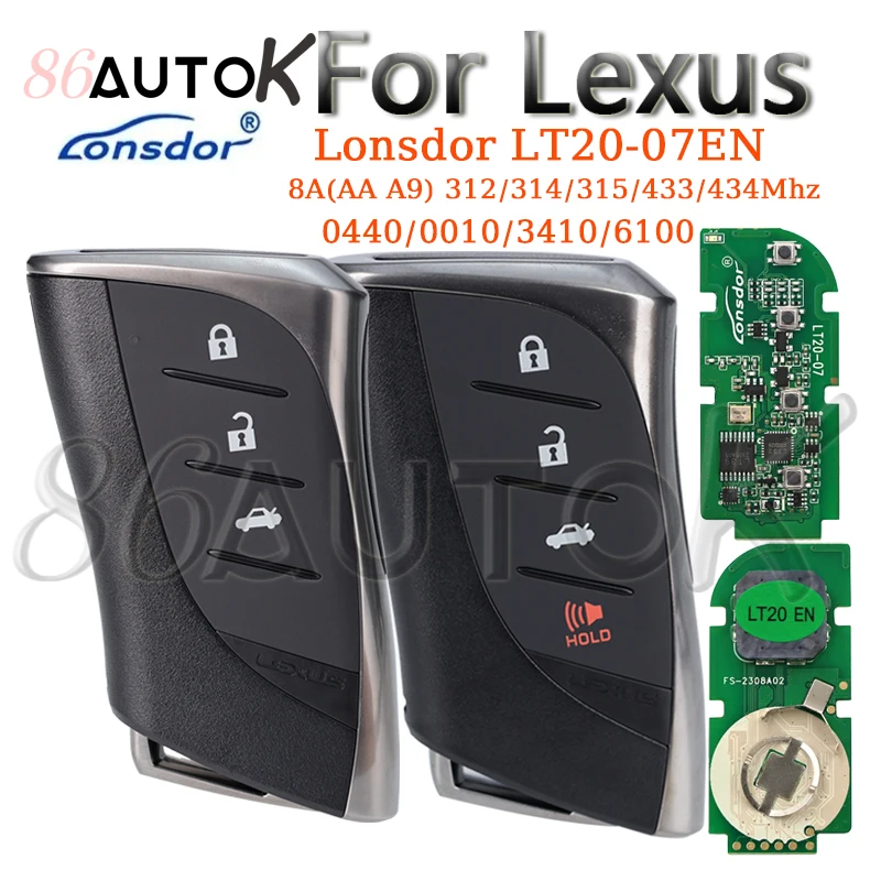 Smart Remote Key Lonsdor LT20-07EN For Lexus RX ES300h ES200 LS500 LS500H 0440 8A AA A9 BA Chip 312/314.3Mhz 433.58/434.42MHz