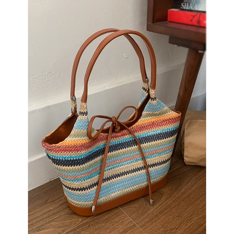 

2025 New Summer Handbag Rainbow Striped Woven Bag Large Capacity Vegetable Basket Bags for women