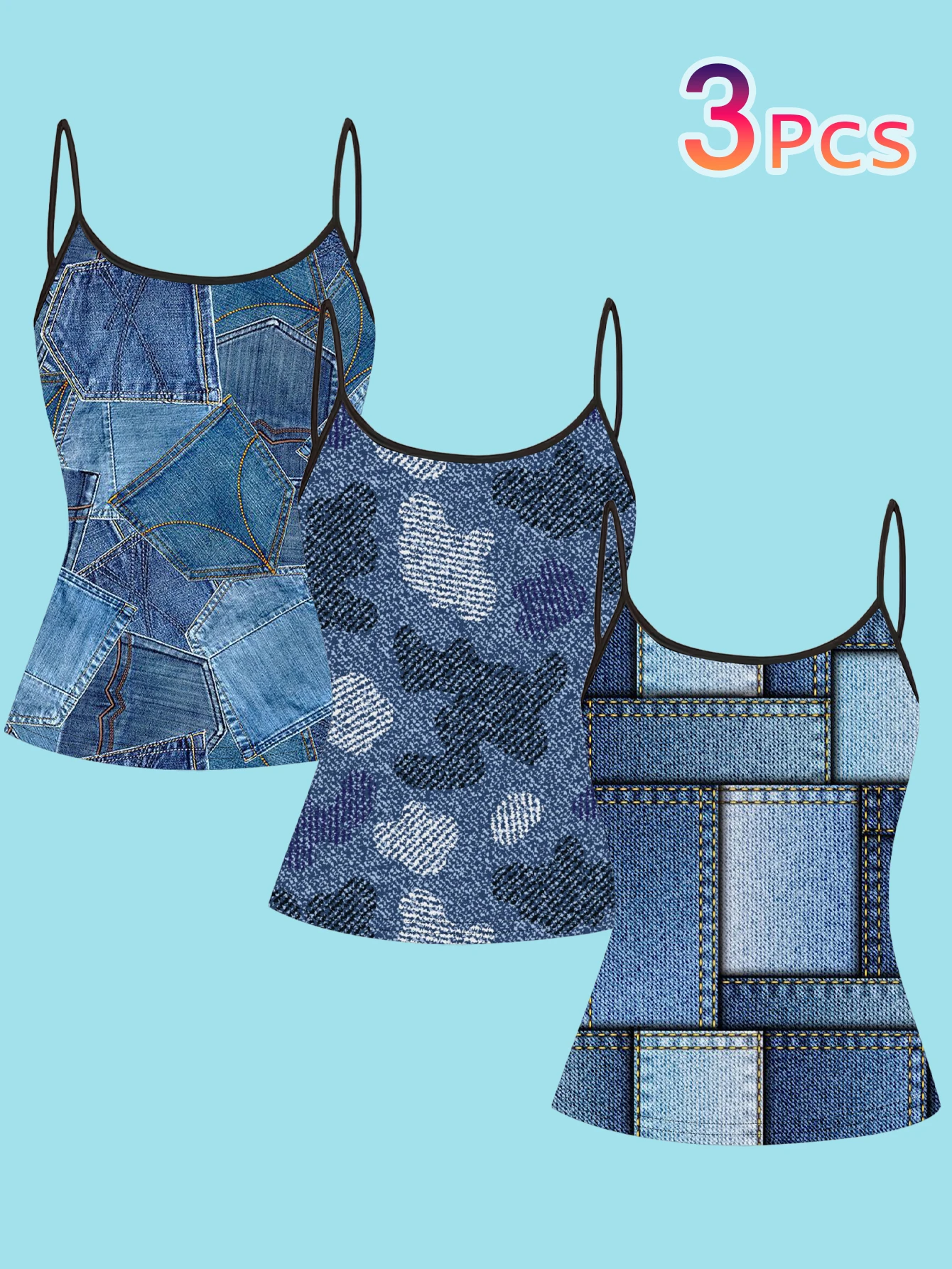 3-Pack Faux Denim Patchwork Heart Print Thin Camisole, Denim Pattern Square Patchwork Slim Fit Sleeveless Top, Y2K American Casual Inner and Outer Wear Base Shirt