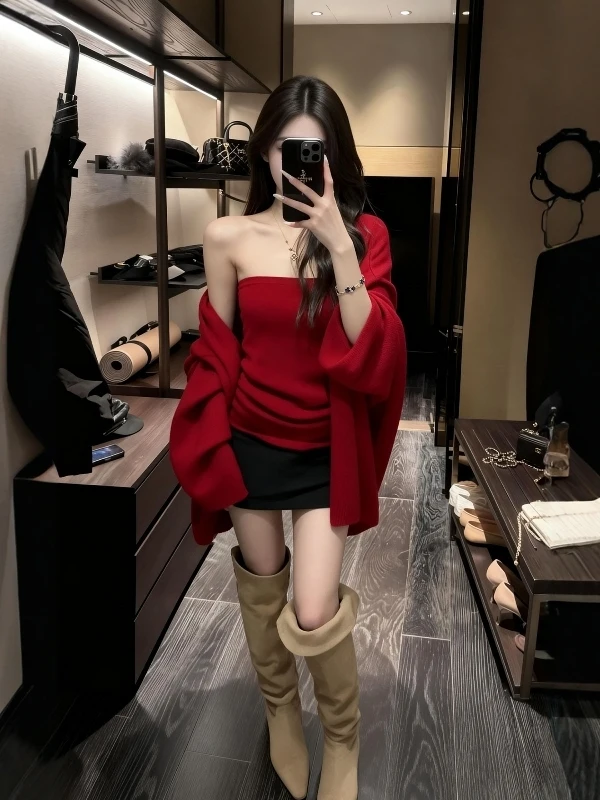 

Christmas New Year Atmosphere Red Knitted Open Cardigan Sweater Women's Slim Fit Tube Top Vest Two Piece Set Warm Fashionable