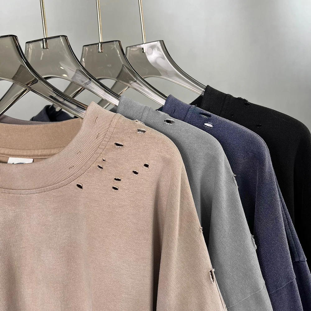 Retro Washed Long Sleeve Men's T-shirt High Quality Oversized Ripped Women's T Shirts Couples Dress High Street New In Tops Tees