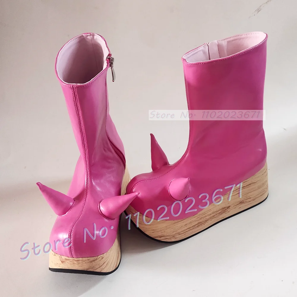 Thick-sole Antenna Ankle Boots Female Chic Ethnic Party Wooden Platform Spring Shoes Women Pink Round Toe New Side-zip Boots