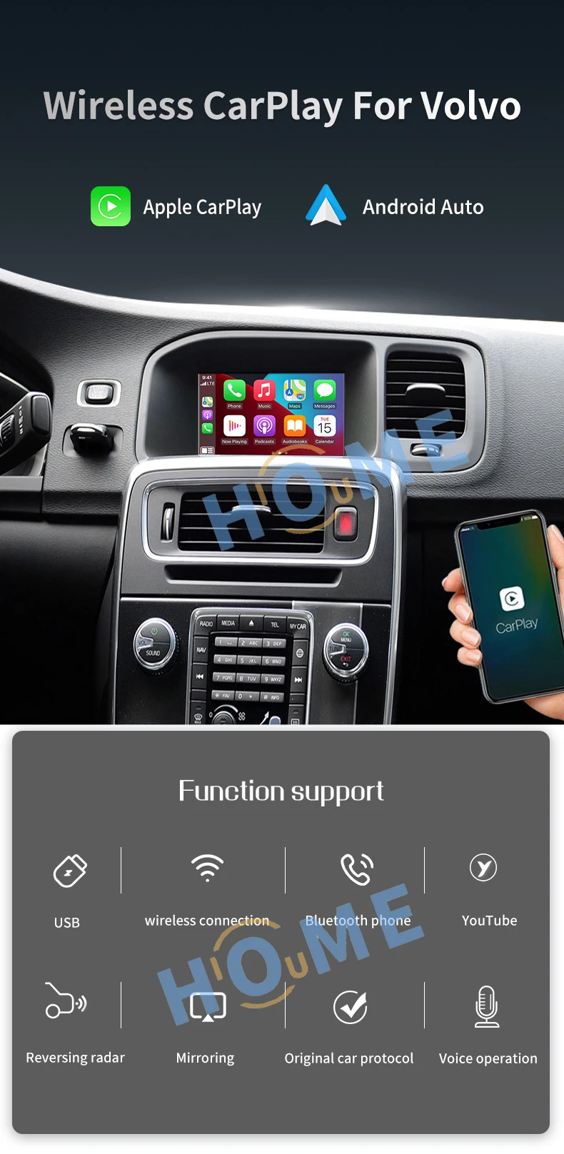 Wireless CarPlay Android Auto Module For Volvo XC60 S60 V40 V60 Car Module Box Multimedia AirPlay Video Interface Decoder