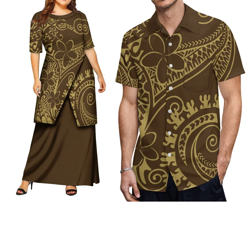 فستان أنيق من القماش المريح مصنوع حسب الطلب من بولينيزيا المطبوع للنساء وقميص جيب ريترو للرجال