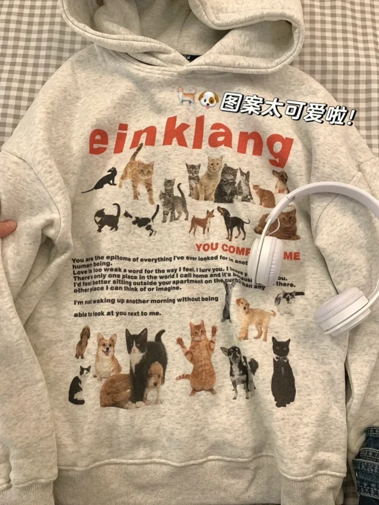 American Kawaii Cat Print Hoodie Sweatshirts Autumn New Loose Thicked Warm Tops Women Y2k Aesthetics Long Sleeve Sweatshirt