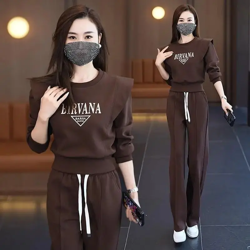 Women\'s Leisure Sports Suit 2023 Autumn Winter New Slim Fashion Spring Running Loose Long Sleeve Crop Tops Pants 2 Two Piece Set