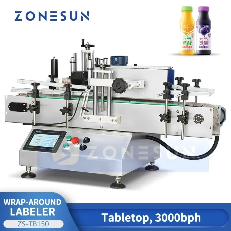 ZONESUN Wrap Around Labeler for Cylindrical Containers Bottle Jar Can Application Belt Tabletop Labeling Machine ZS-TB150