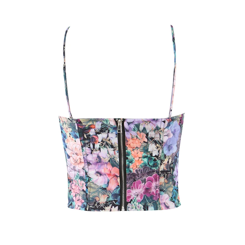 KEYANKETIAN 2026 Summer Y2K Hot Girl Floral Print Crop Cami Adjustable Thin Strap Corset Bust Back Zip Summer Beach Tank Top