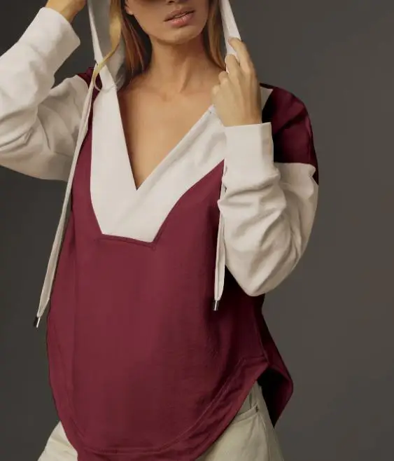 

Women's Sweatshirts 2026 Spring Autumn New V-Neck Contrasting Color Hooded Long Sleeved Irregular Hem Pullover Sweatshirt Top