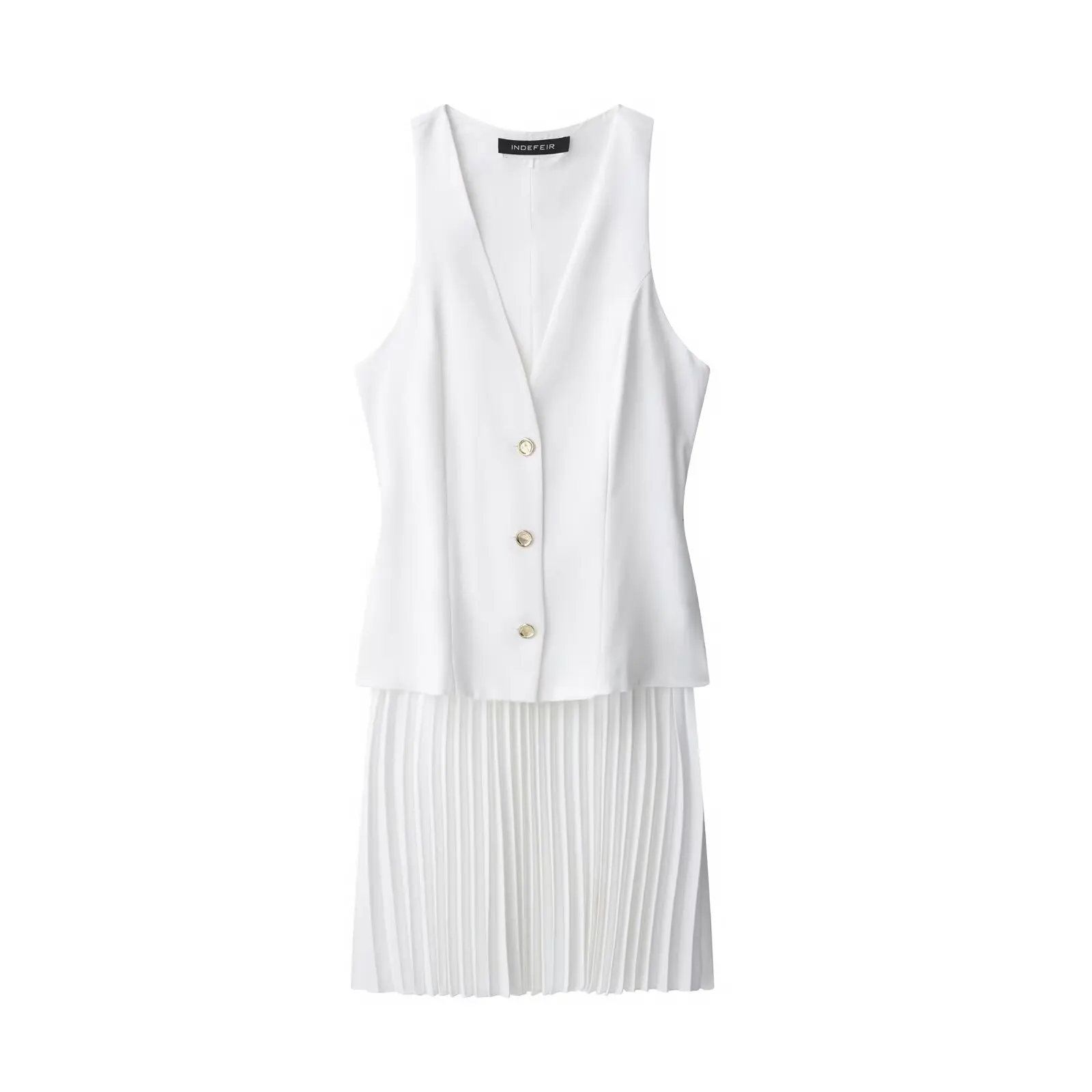 

Topenomi Temperament Sleeveless Dresses Women Summer Elegant V Neck Single Breasted Patchwork Pleated Slim Fit Mid Length Dress
