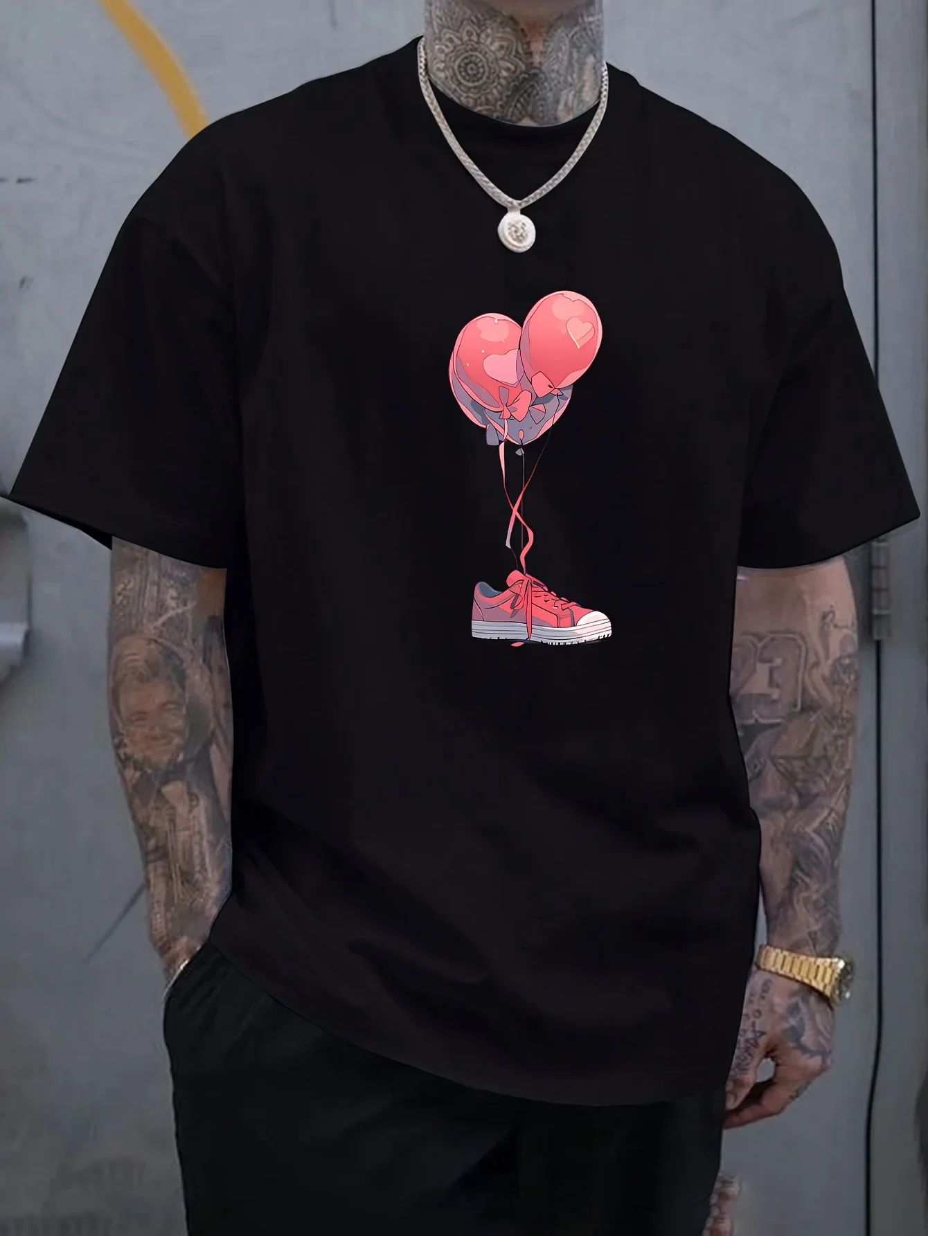 Cartoon Balloon Sneaker Graphic Mens T Shirt Heart Balloon Art Short Sleeve Crew Neck Cotton Tee Street Casual Wear Top