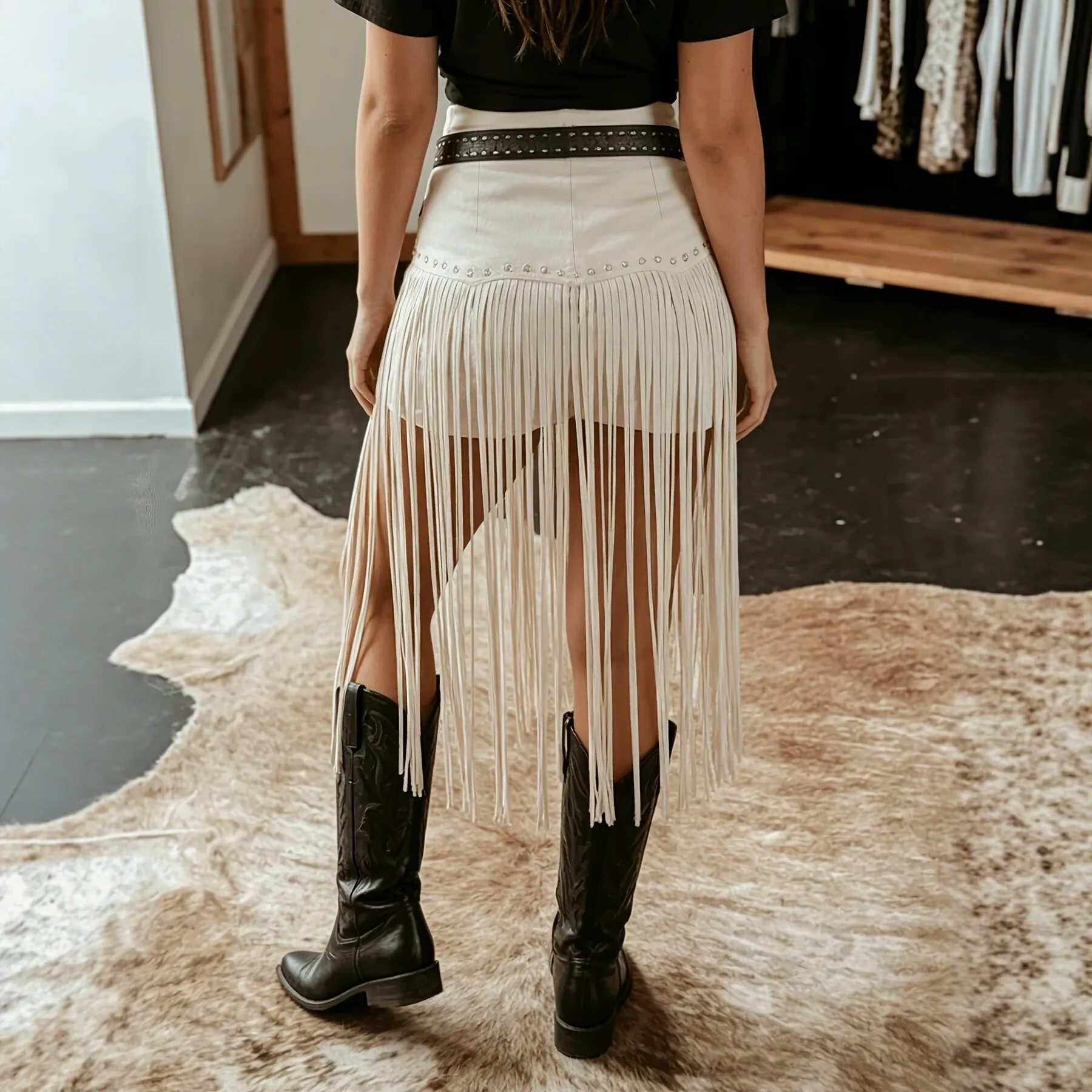 Fringe Trim Belt Split Skirt Short with Tribal Ethnic Workwear Style Micro Elastic Rivet Detail Women Skirt Outdoor Sport Use