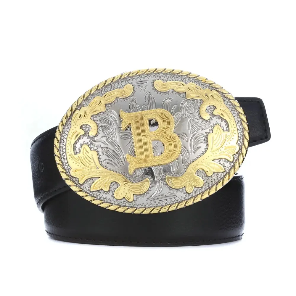 Western Zinc Alloy Buckle Leather Belts Cowboy Golden Letters Buckle Belt Embossed Cowboy Belts for Men