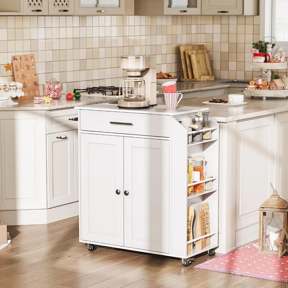 Kitchen Island with Power Outlet, Kitchen Storage Island with Spice Rack and Drawer, Rolling Kitchen Cart on Wheels White