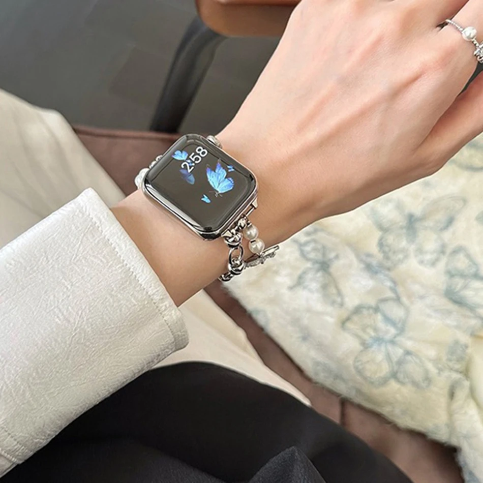 Luxuriöses Kristall-Schmetterlingsarmband für Apple Watch Band S11/10/9/8/7/SE/6/5/Ultra 3 Uhr 49/46/45/44/42/41/40/38 mm Perlenarmband – Detail 15