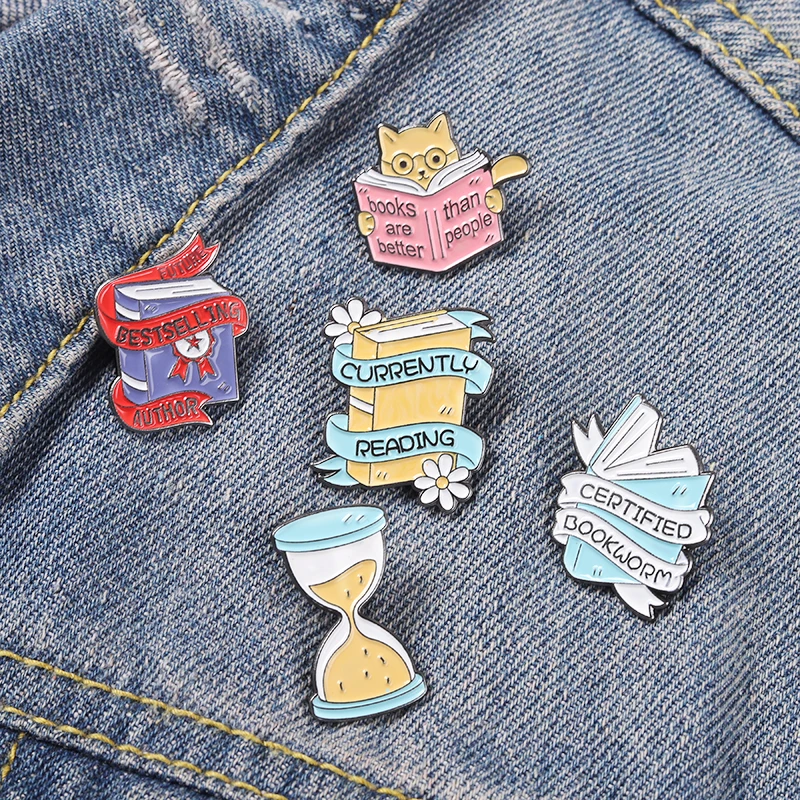 Reading Book Enamel Pin BOOK ARE BETTER THAN PEOPLE Brooches Hourglass Cat Flower Hat Badges Gift for Book Lover Students