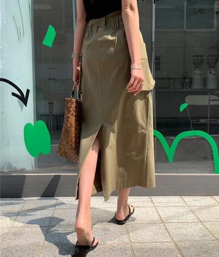 Cintura alta lado ket midi saia feminina verão casual faion retro emagrecimento saia longa cor pura a linha saia