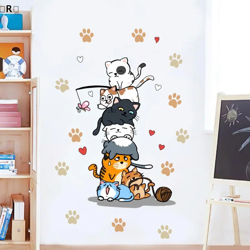 〔R〕1Pc Cute Cats And Cat Paw Prints Stacked Together Wall Stickers For Kids Room Bedroom Wall Decals Home Decor〔Winter2〕
