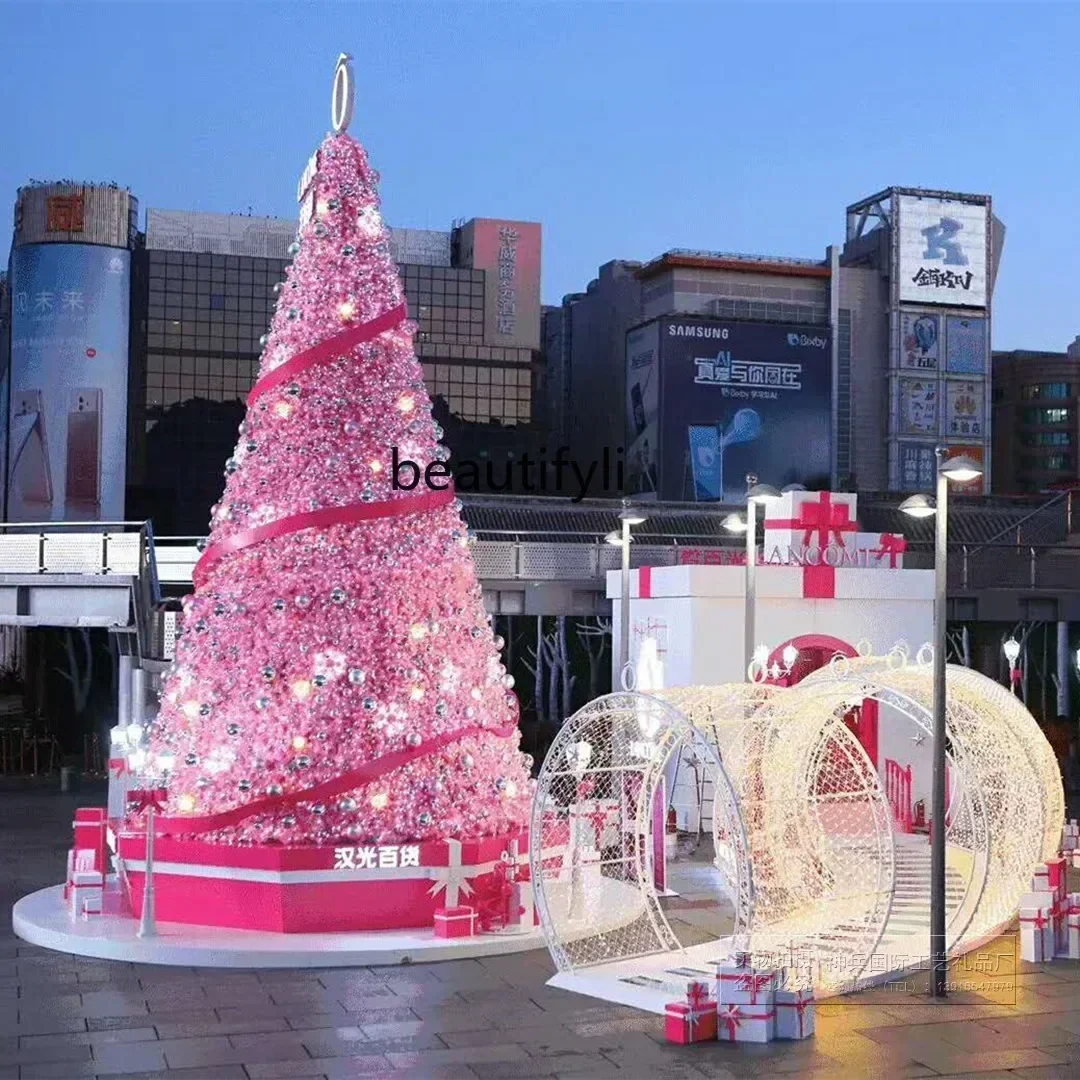 Large Christmas tree frame decoration outdoor pink tree hotel shopping mall window scene layout