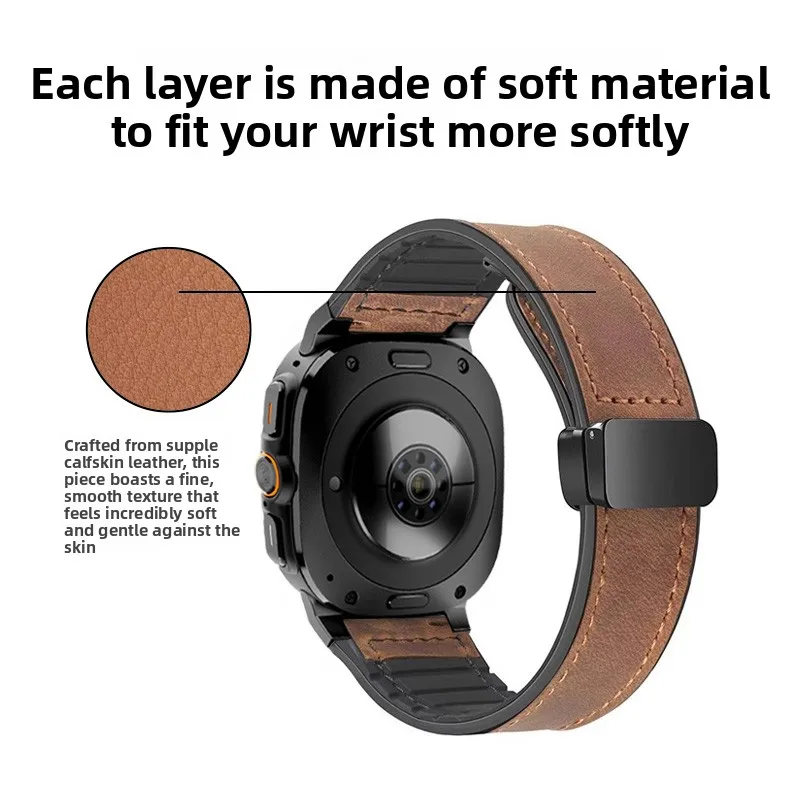 Applicable to Samsung Watch Ultra's new Crazy Horse Leather Magnetic Folding Silicone Strap Magnetic Strap