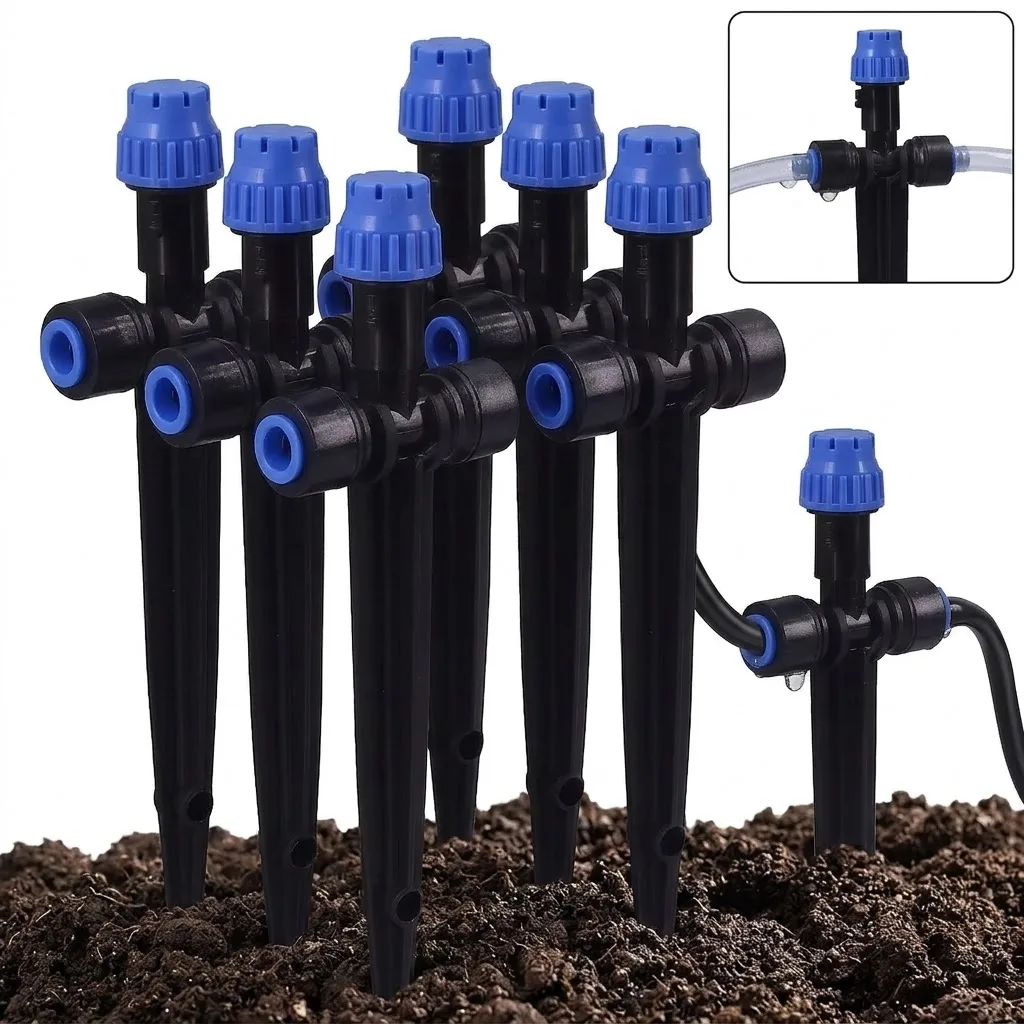 Adjustable 1/4 inch 8 holes Tee Sprinkler with Support 6mm Quick Connector 360 Degree Dripper Sprayer for Garden Lawn Pots