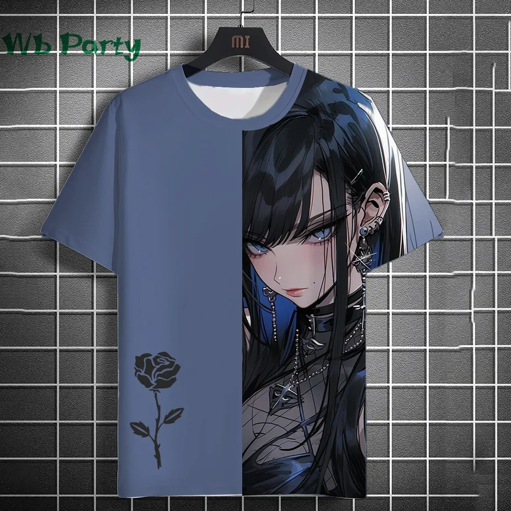 3D Print Clothing Anime Girls Rose Print Unisex Short Sleeve Anime Girls Graphic T Shirts Gothic T-Shirt Round Neck T-Shirt Tops