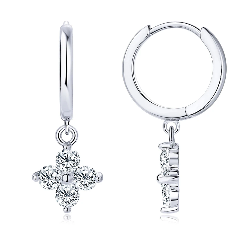 IOGOU S925 Sterling Silver Hoops Earrings Real 3mm Moissanite Four Leaf Clover Drop Dangle Earrings for Women Cute Jewelry Charm