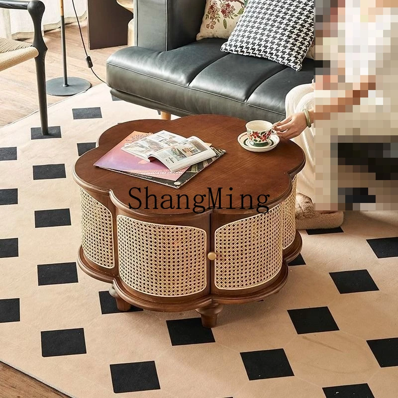 

FG solid wood retro rattan flower coffee table small apartment home antique simple living room round