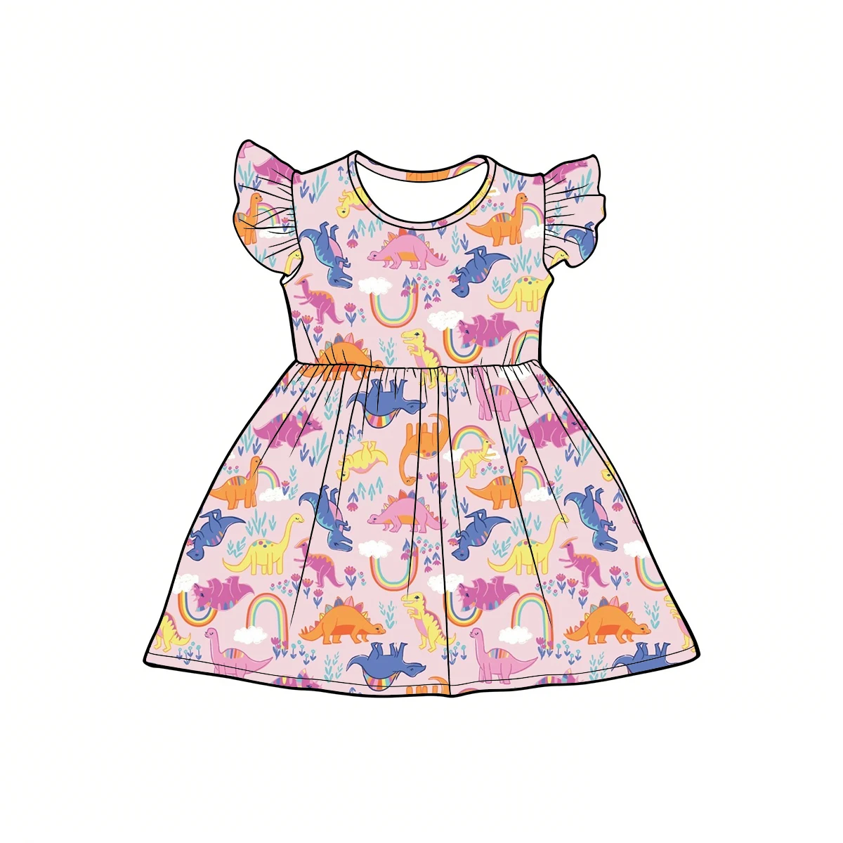 Custom Milk Silk Summer Cartoon Dinosaur Little Girls Dress Pearl Sleeve Animal Print Children Dress