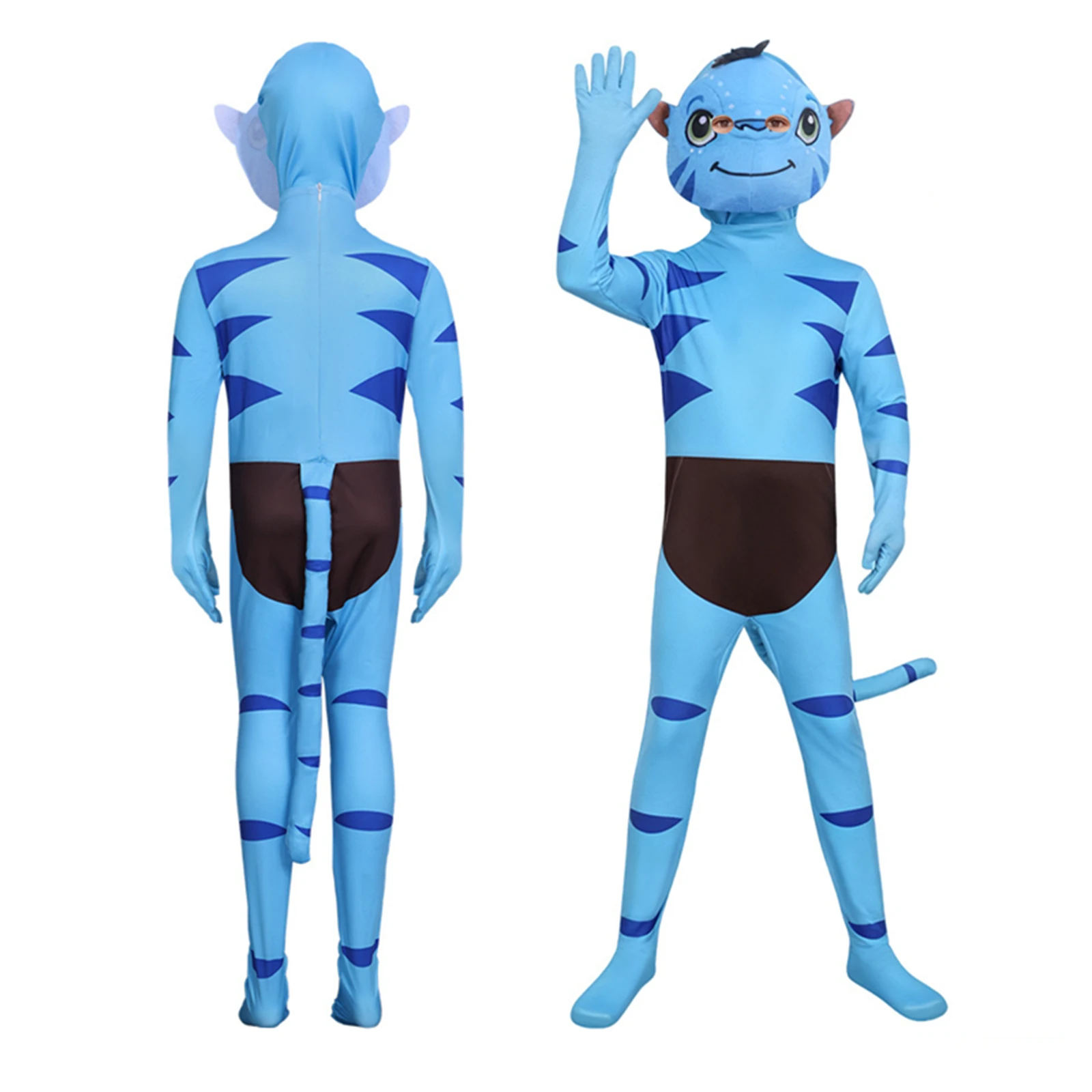 

Kids Navi Jumpsuit Cosplay Costume Movie Boys Girl Blue Bodysuit with Stripes Tail Halloween Performance Costume