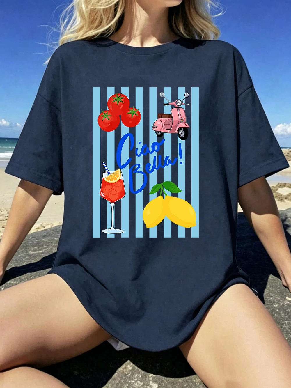 Ciao Bella Aperol Spritz Printed Cotton T-Shirts Womens Summer Short Sleeve T Shirt Soft Oversized Tops Basic O-Neck Clothes