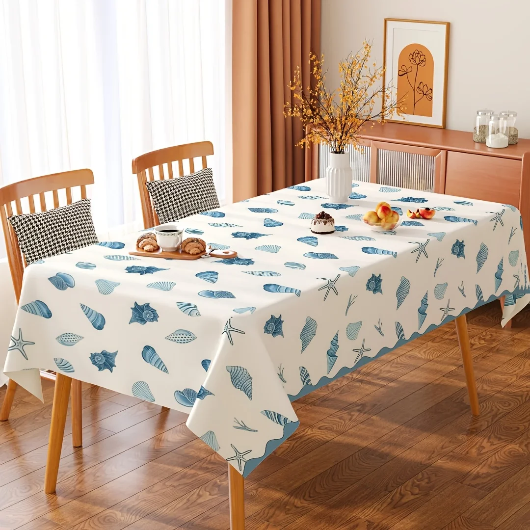 One piece of blue shell star print tablecloth, featuring a refreshing seaside theme, made of polyester material.