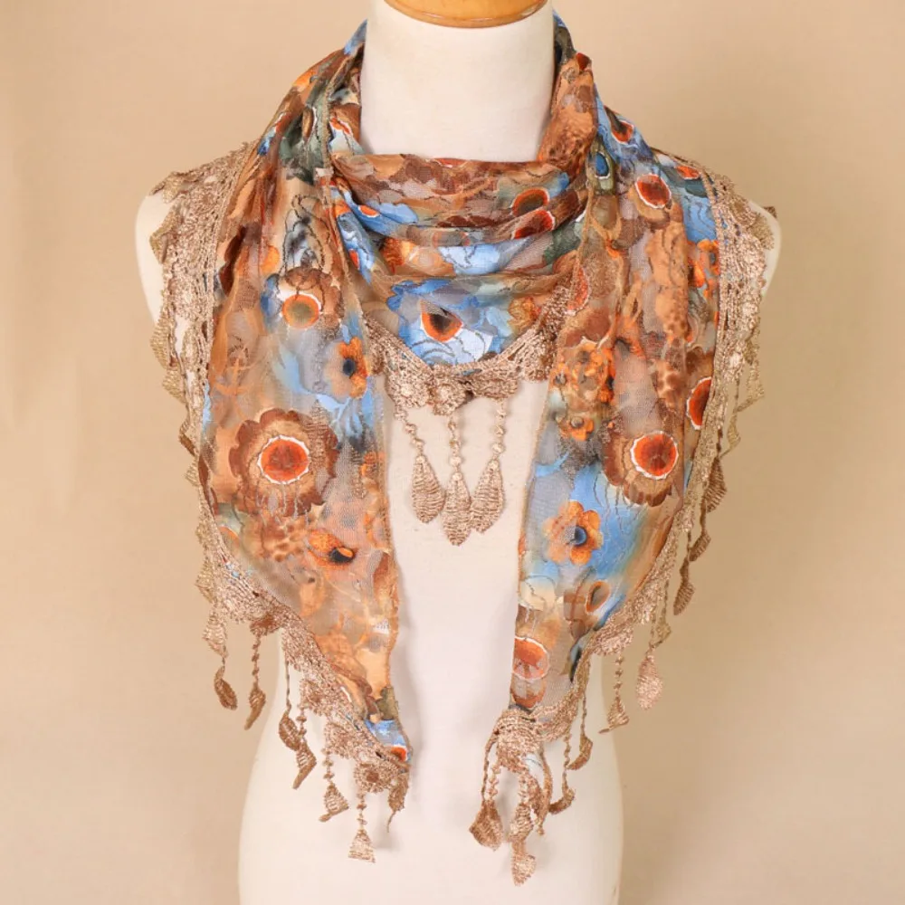 

Cute Sun Protection Lace Scarf Colorful with Tassel Printed Wraps Pastoral Style Korean Style Flower Triangle Headband Seaside