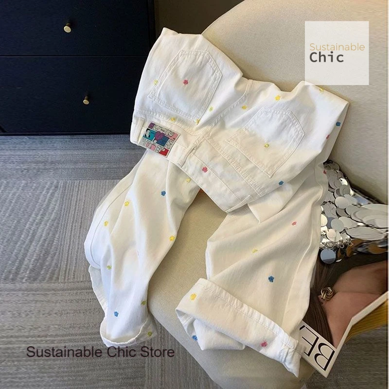 

French style fashion white floral embroidery straight jeans women's spring and autumn new loose slim wide-leg casual mop pants.