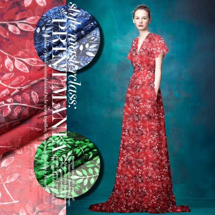 135cm wide 8mm leaves print thin red blue green silk chiffon fabric for summer long and short dress blouse shirt D698