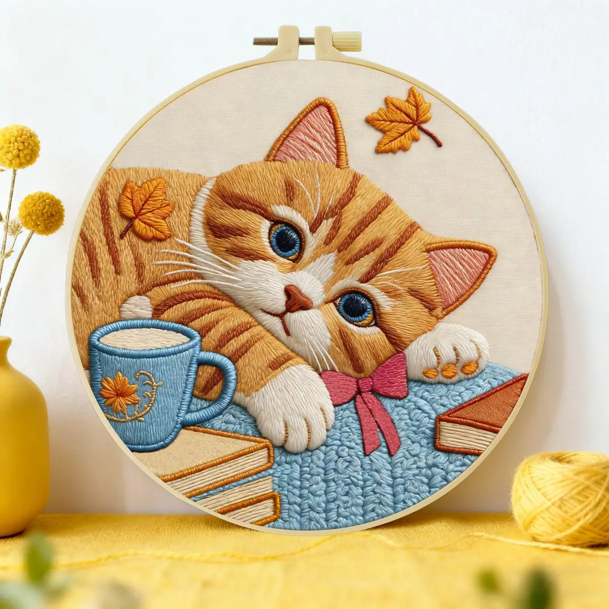 1 Stück 20X20CM/15X15CM 7,87/6,3 Zoll Das niedliche orangefarbene Katzen-Stickerei-Starter-Kit DIY-Kit DIY-Stickerei-Set Handarbeiten Heimdekoration – Detail 2