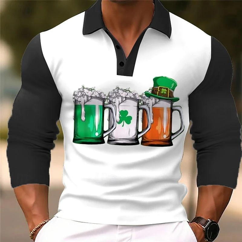 

Autumn And Winter St. Patrick Beer Pattern Men's Long Sleeve Polo Shirt Fashion Casual Four Leaf Clover Printed Streetwear Tops