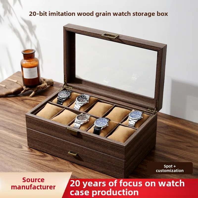 Luxurious Vintage Double-Layer Watch Box Display Case with 20 Slots Storage Glass Top Window for Jewelry Organization