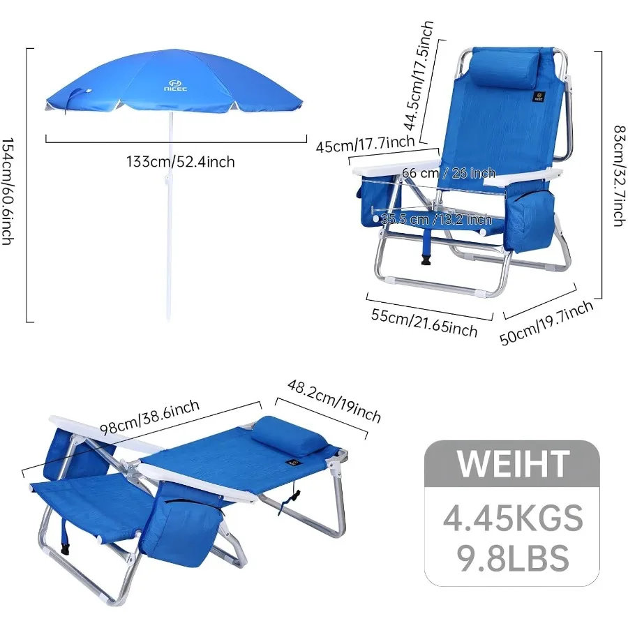 كرسي شاطئ على الظهر باللون الأزرق مع مبرد ومظلة مدمجة للبالغين، تصميم مكون من 5 أوضاع يتميز بحامل أكواب وشركاه #3