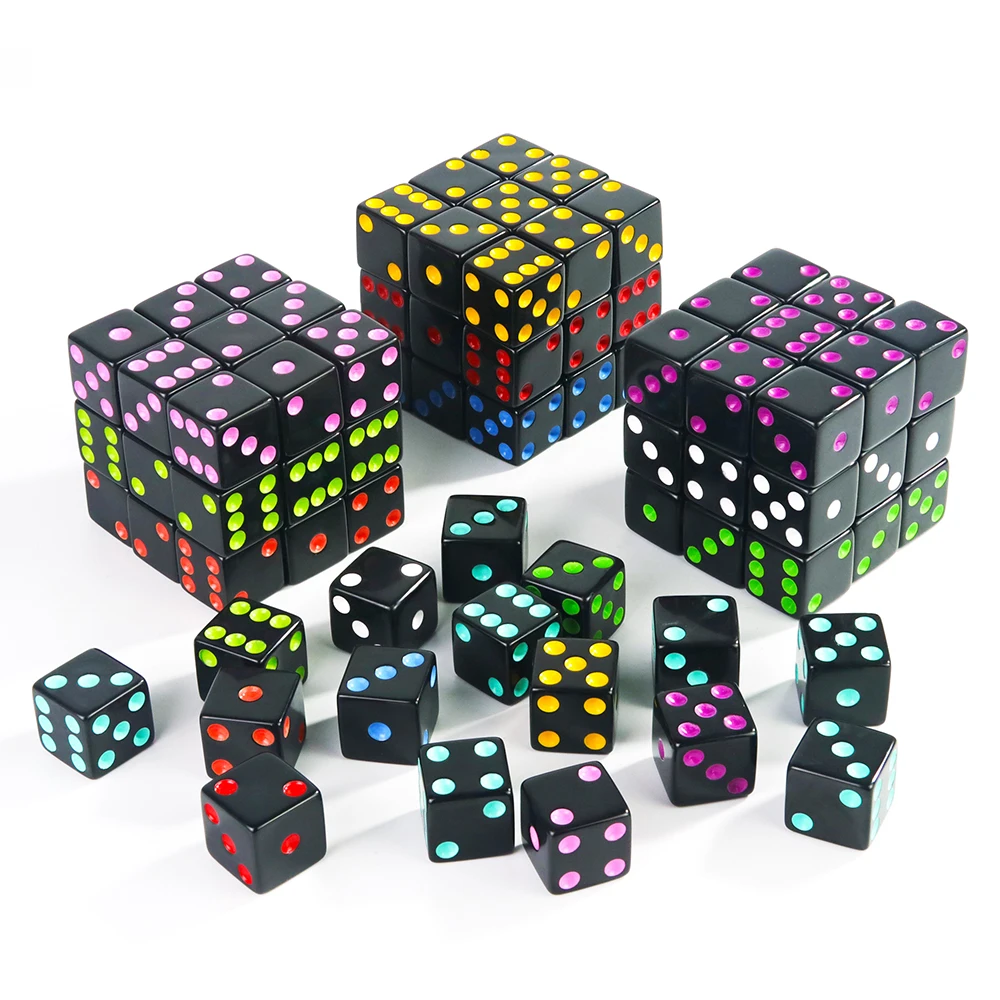 D6 Polyhedral 16mm Black Dice Square Corners Die with Colorful Standard Dots for DND TRPG Tabletop Game